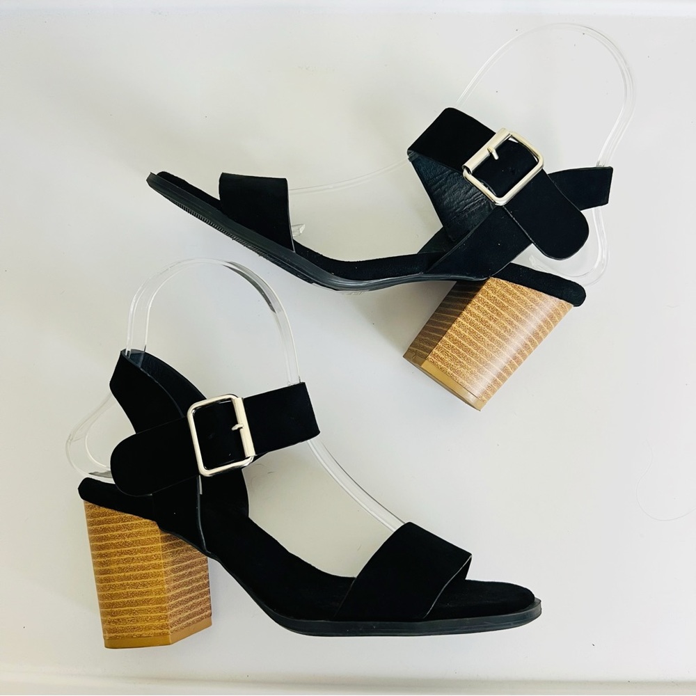 Fashion Nova Black Suede Strappy Wooden Block Heel Sandals
